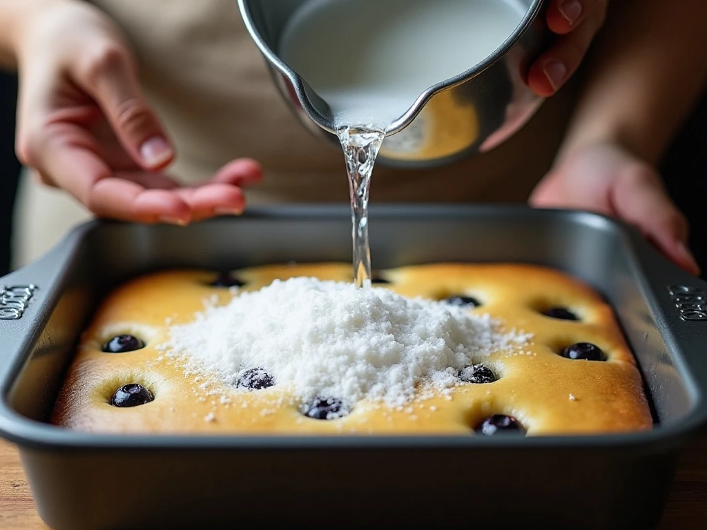 Pouring boiling water over pudding cake topping