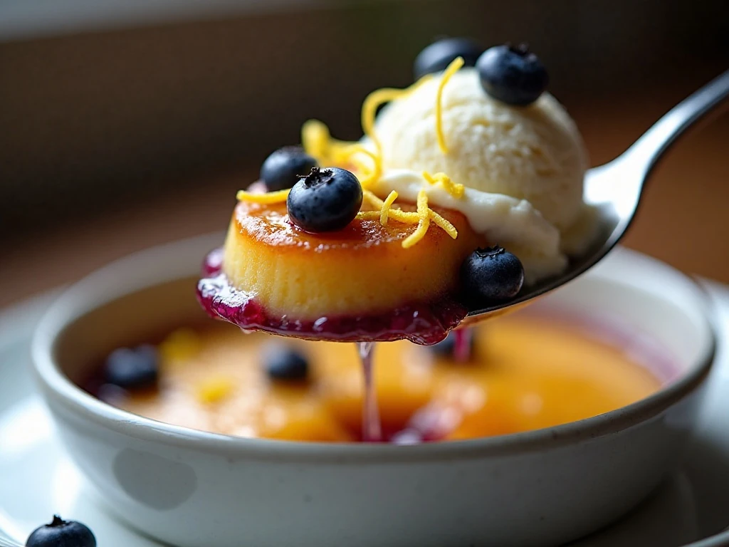 Serving warm blueberry lemon pudding cake with sauce