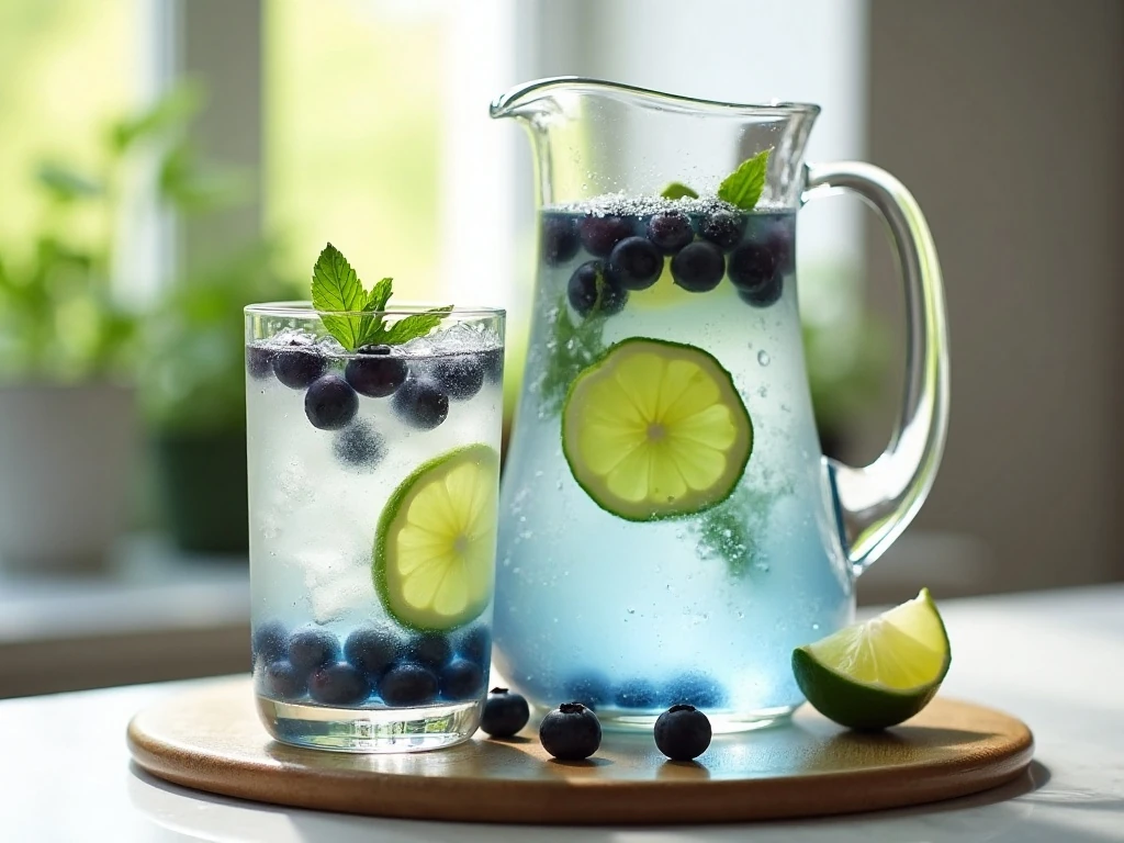 Blueberry lime infused water served in a pitcher and glasses