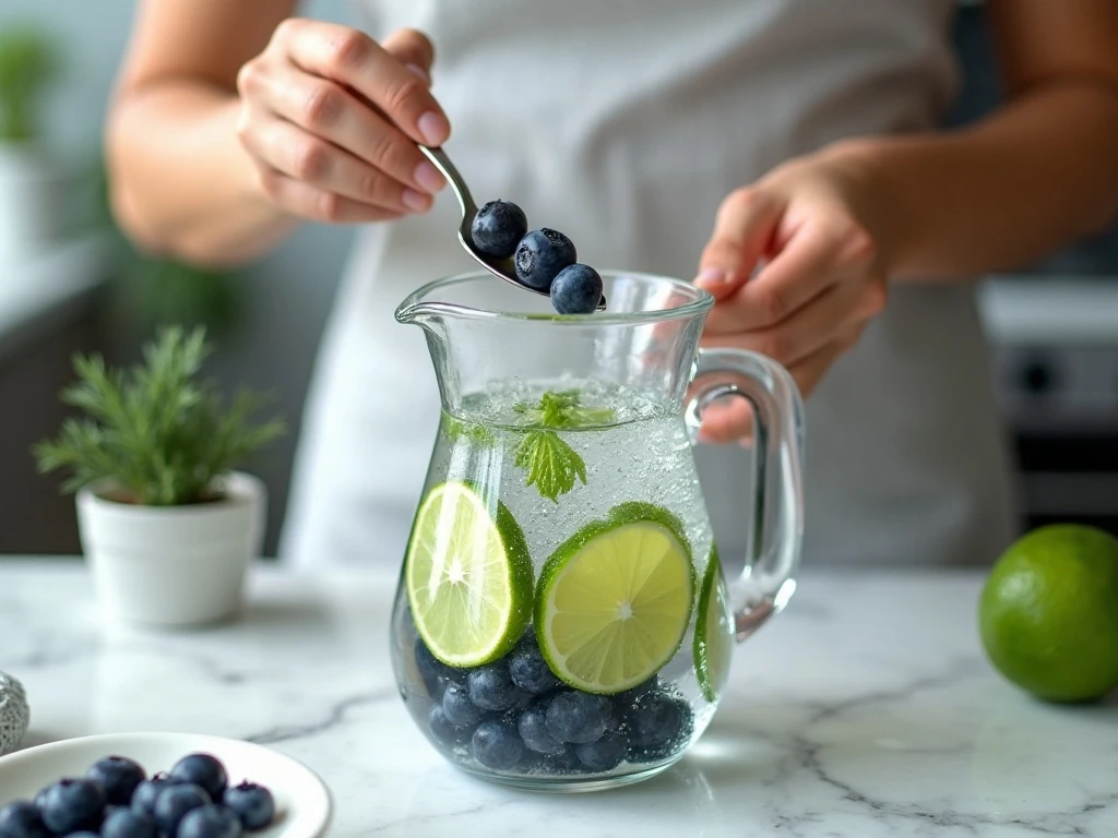 Gently pressing blueberries to make infused water