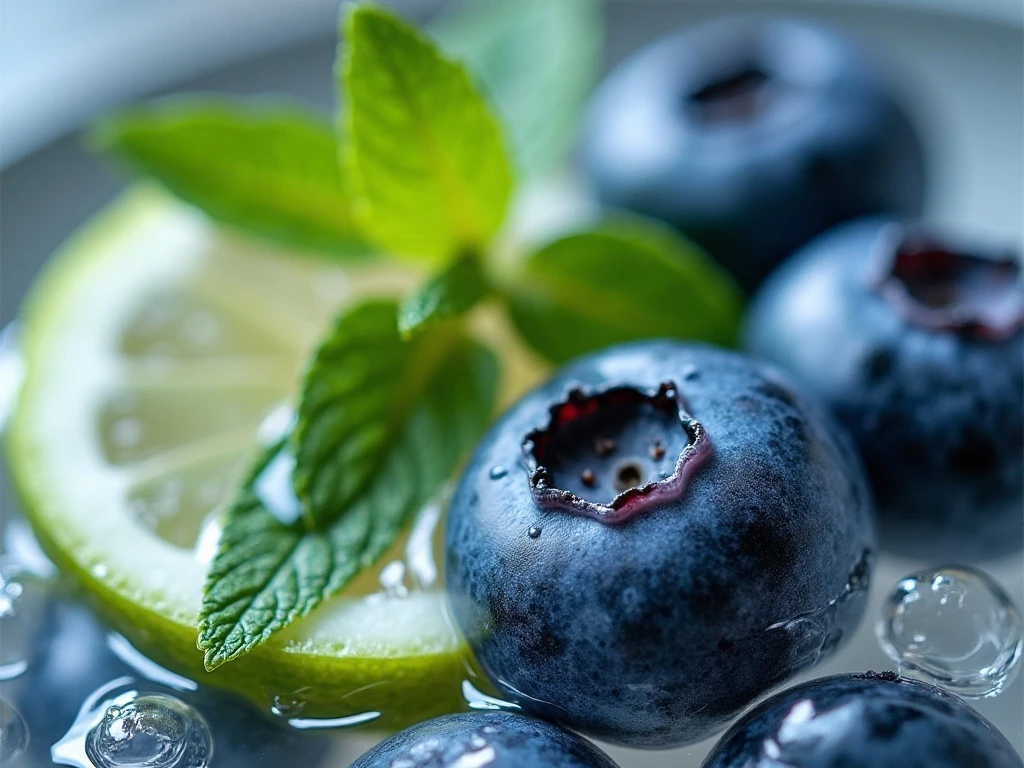 Blueberries lime and mint floating in infused water