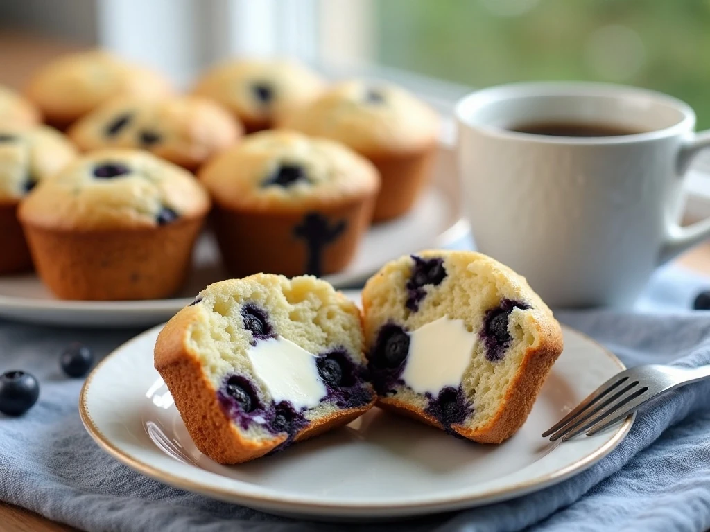 Blueberry muffins with cream cheese filling arranged for breakfast