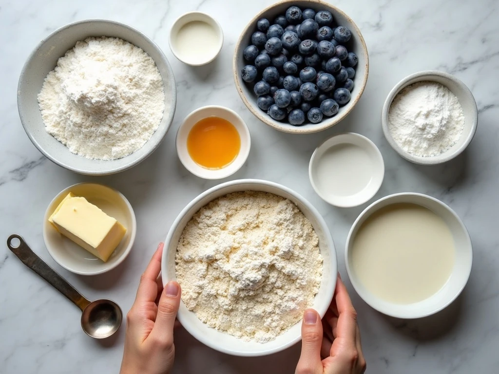 Ingredients for blueberry muffins with cream cheese filling