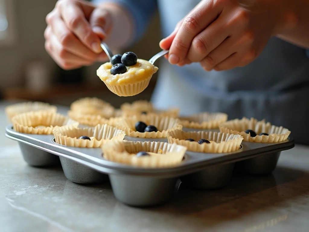 Layering blueberry muffin batter and cream cheese filling in a muffin pan