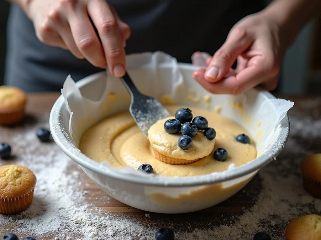 Gently folding blueberries into muffin batter
