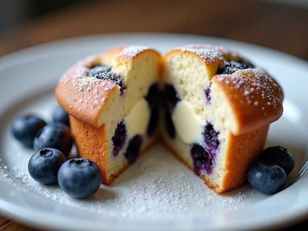 Close-up of the cream cheese center inside a blueberry muffin