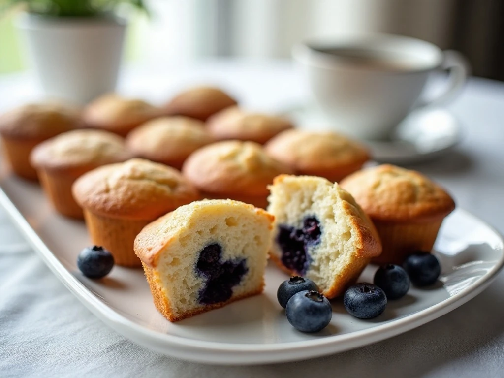 Moist blueberry muffins with sour cream arranged for breakfast