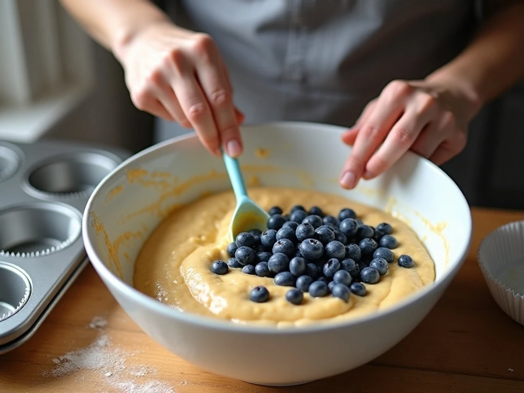 Folding blueberries into sour cream muffin batter