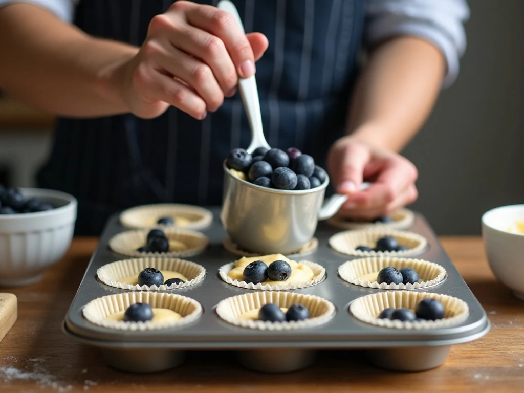 Portioned blueberry muffin batter in a lined muffin pan