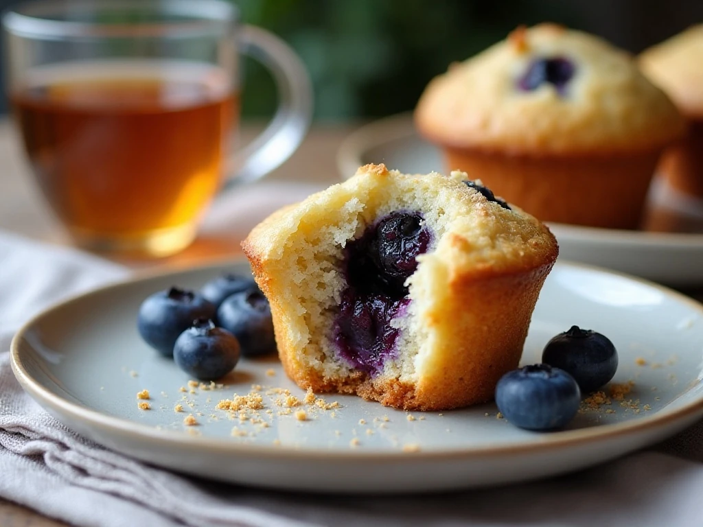 Blueberry muffin served with fresh blueberries