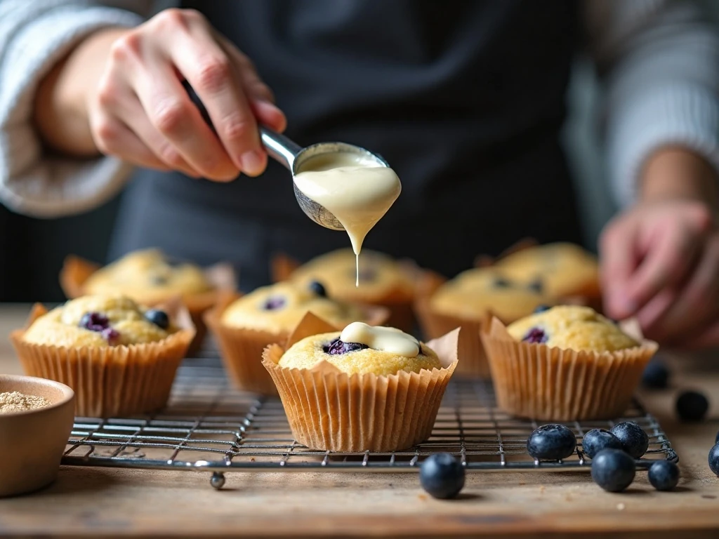 Portioning blueberry muffin batter into a muffin pan
