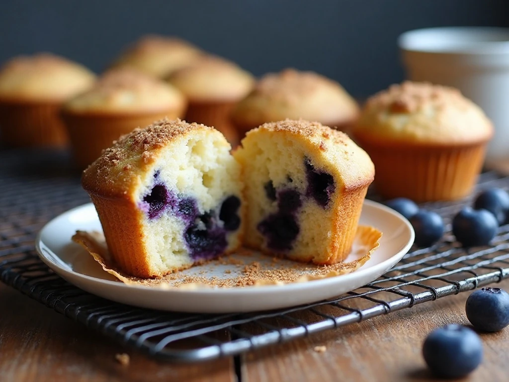 Close-up of the tender crumb and blueberry filling