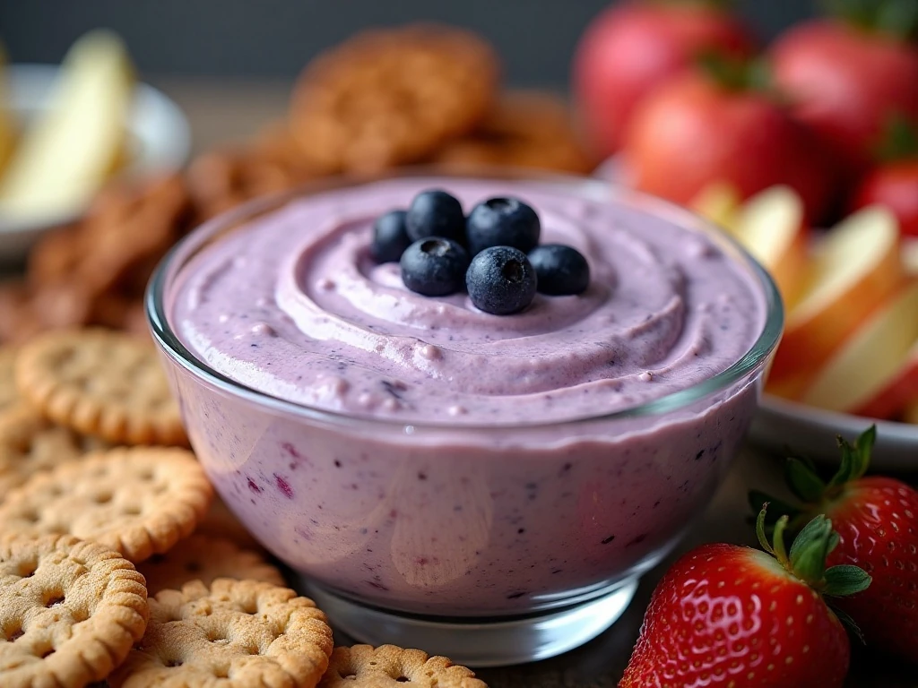 Blueberry pie cream cheese dip surrounded by assorted dippers