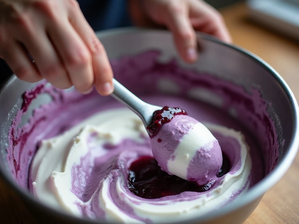 Folding blueberry pie filling into cream cheese dip