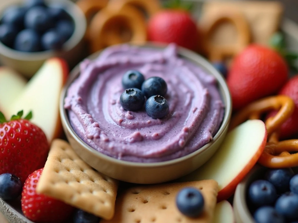 Blueberry cream cheese dip with cookies fruit and pretzels