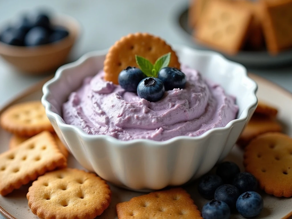 Blueberry pie cream cheese dip served with cookies and crackers