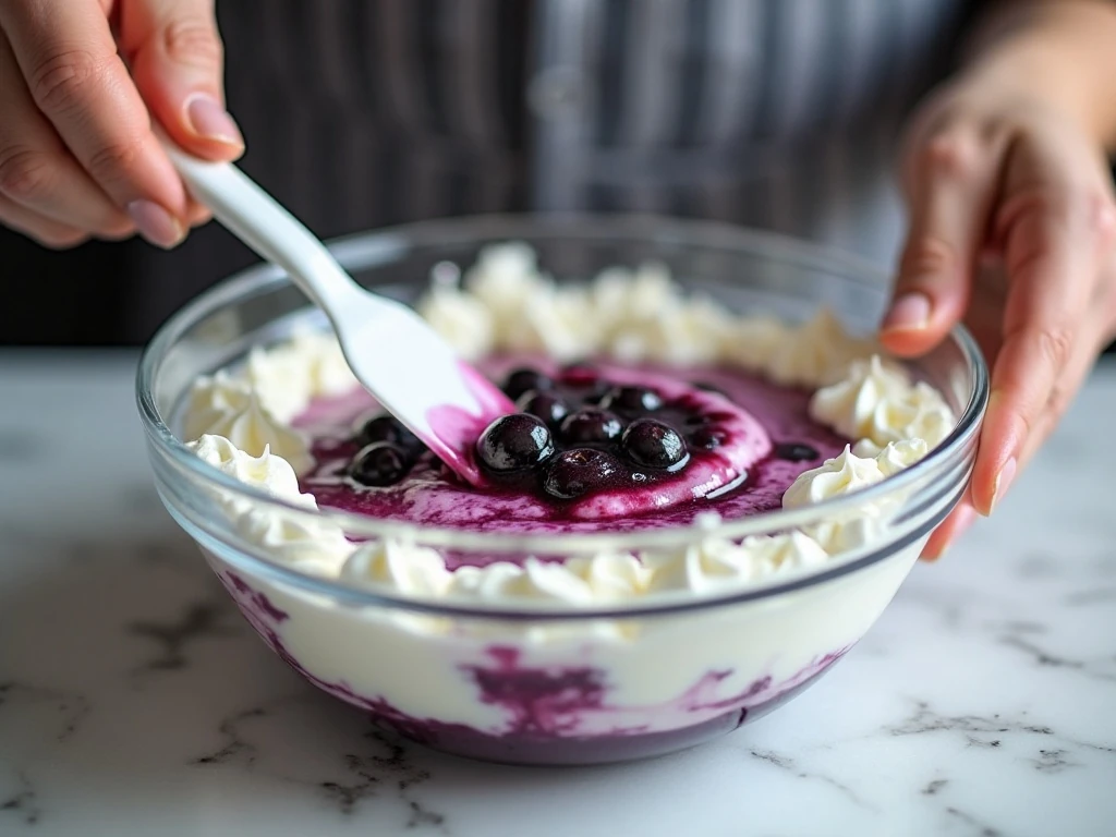 Folding blueberry pie filling into cream cheese dip