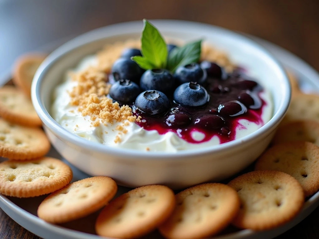 Blueberry cream cheese dip garnished with berries and crumbs