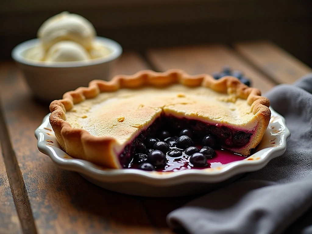 Golden homemade blueberry pie with a slice showing the juicy berry filling
