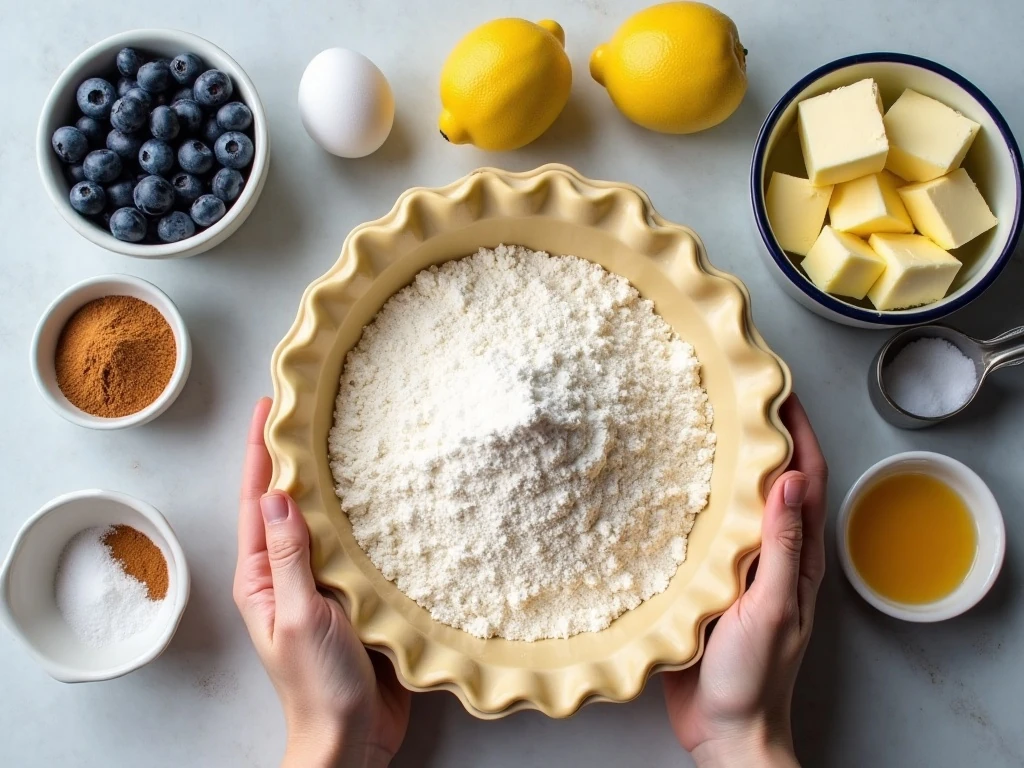 Ingredients for homemade blueberry pie arranged on a kitchen counter
