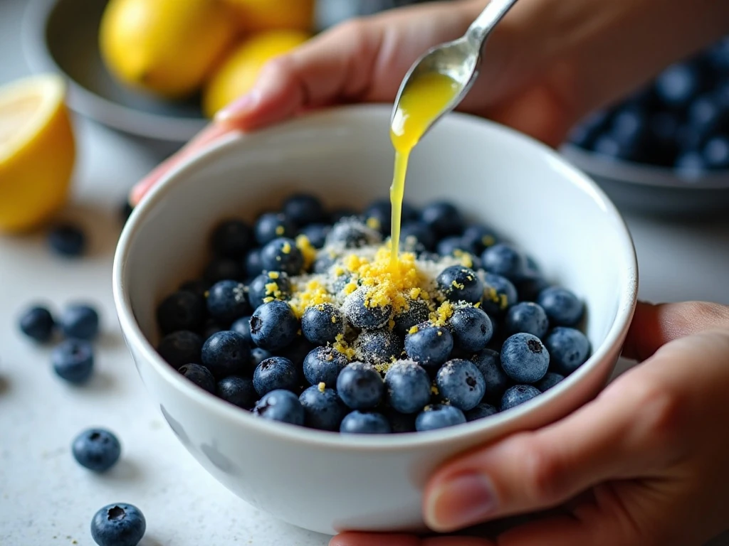 Blueberries coated with sugar, cornstarch, lemon, and spices for pie filling