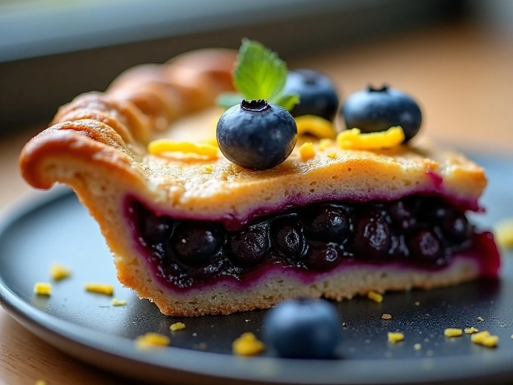 Close-up of flaky crust and thick blueberry pie filling