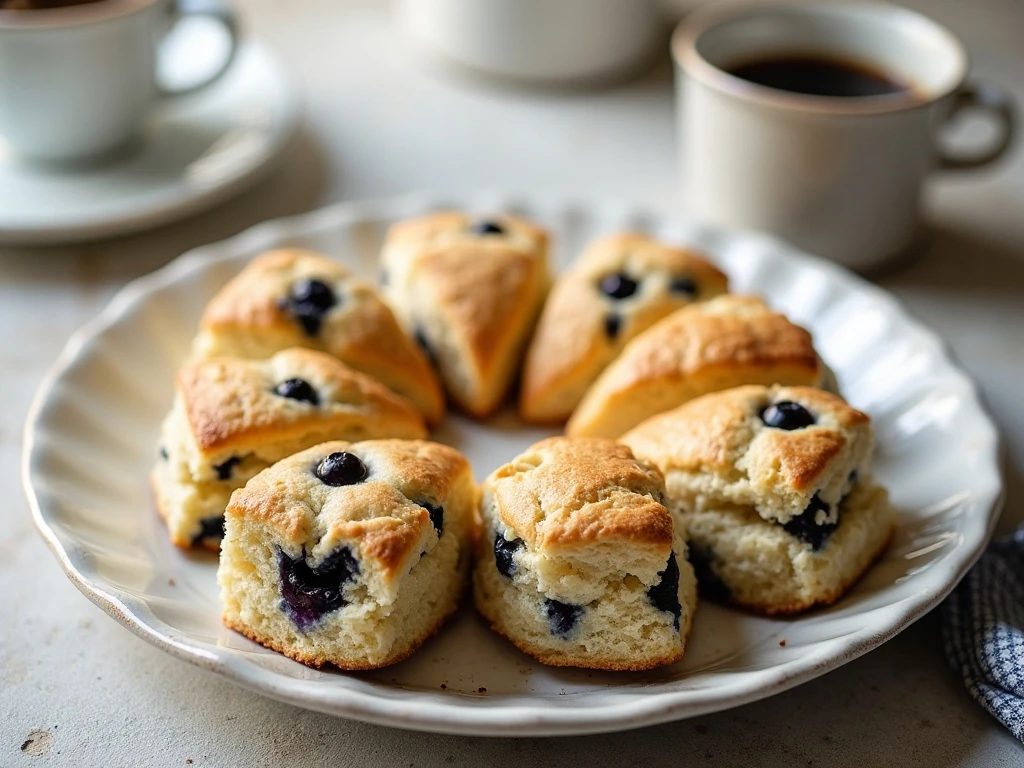 Golden homemade blueberry scones arranged on a serving plate