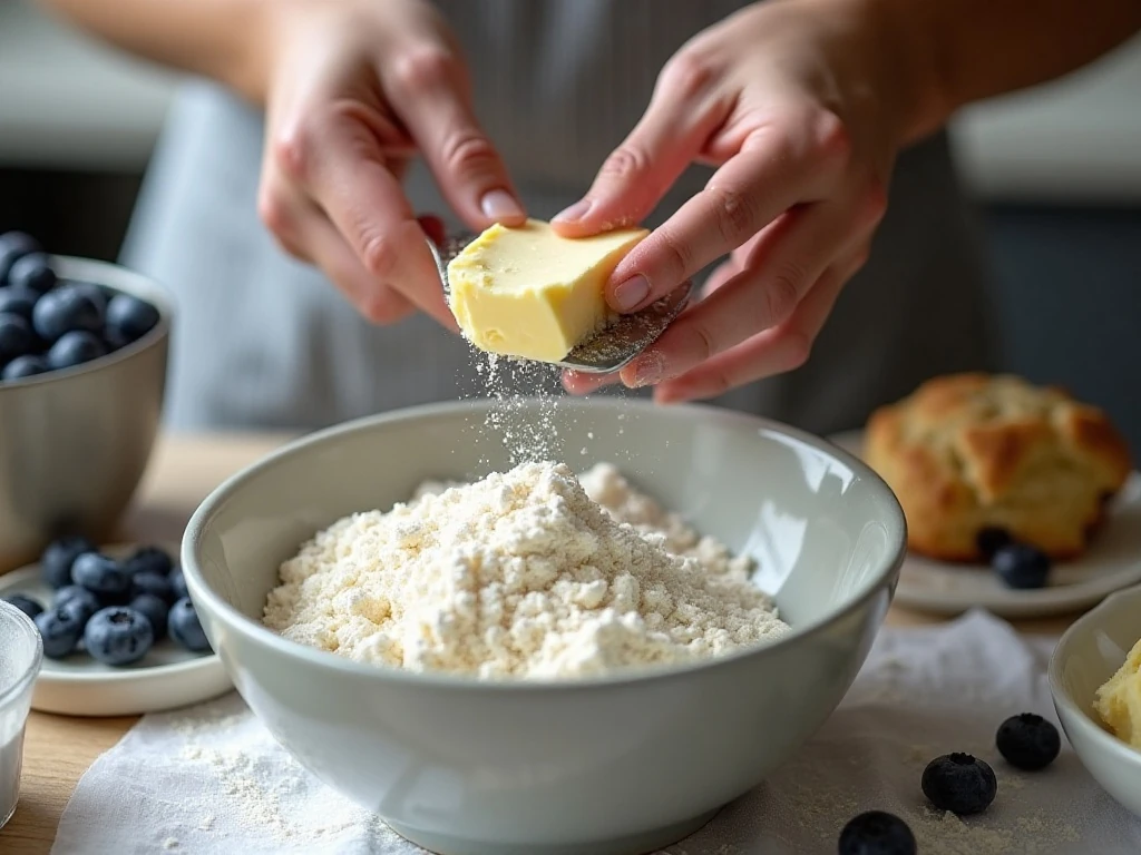 Grating cold butter into the blueberry scone dough