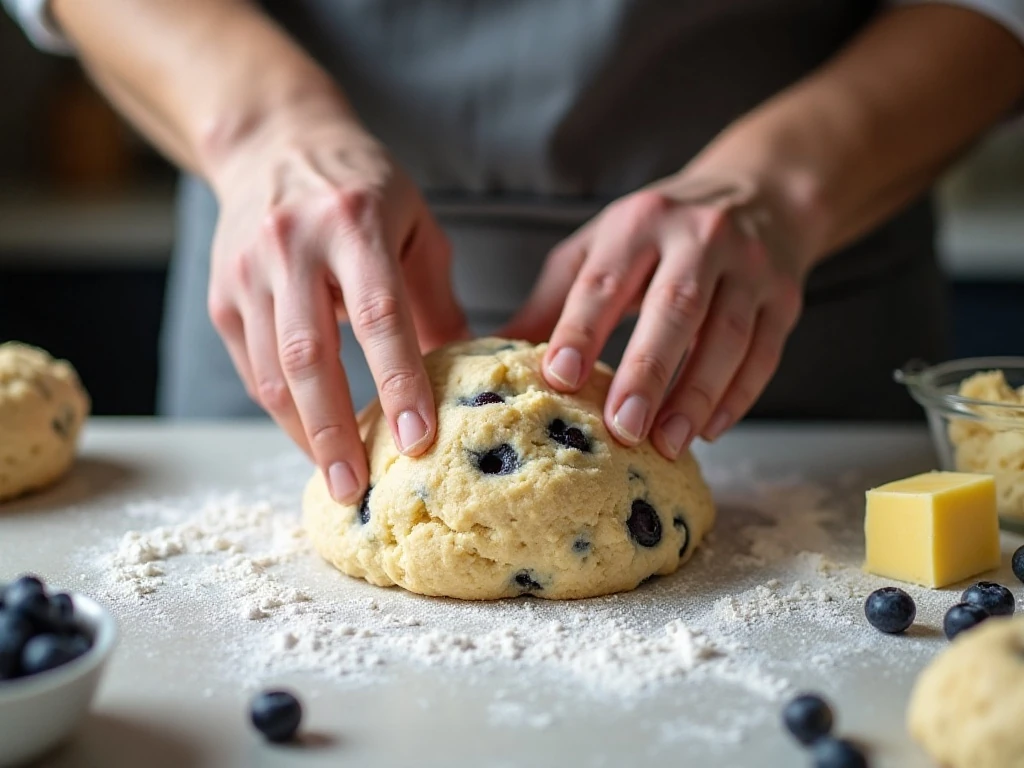 Shaping thick blueberry scone dough before cutting