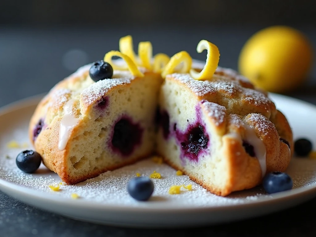 Close-up of a glazed blueberry scone with tender crumb