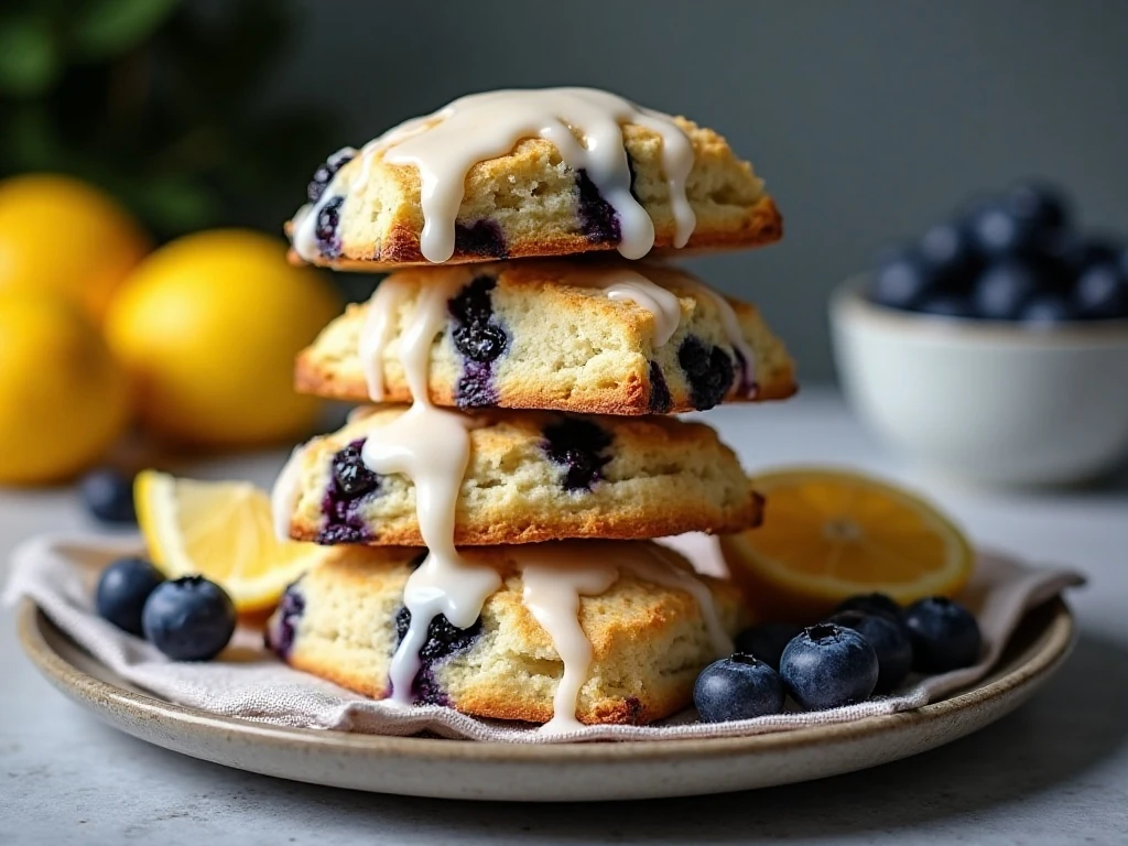 Stack of homemade blueberry scones with lemon glaze