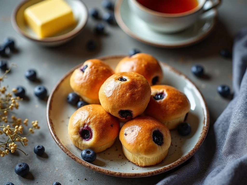 Warm blueberry tea buns served with butter and tea