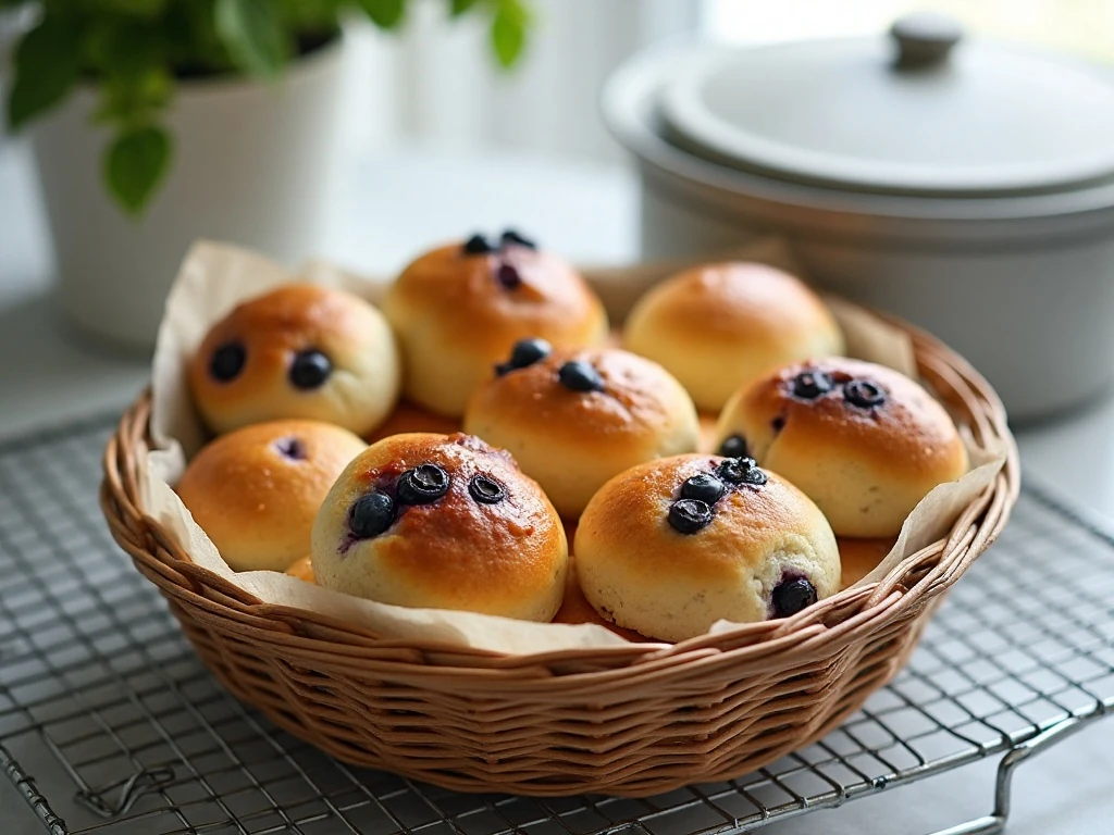 Fresh blueberry tea buns ready for storage