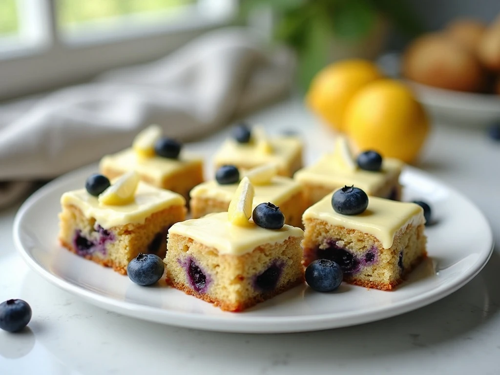 Blueberry zucchini snack cake squares with lemon buttercream