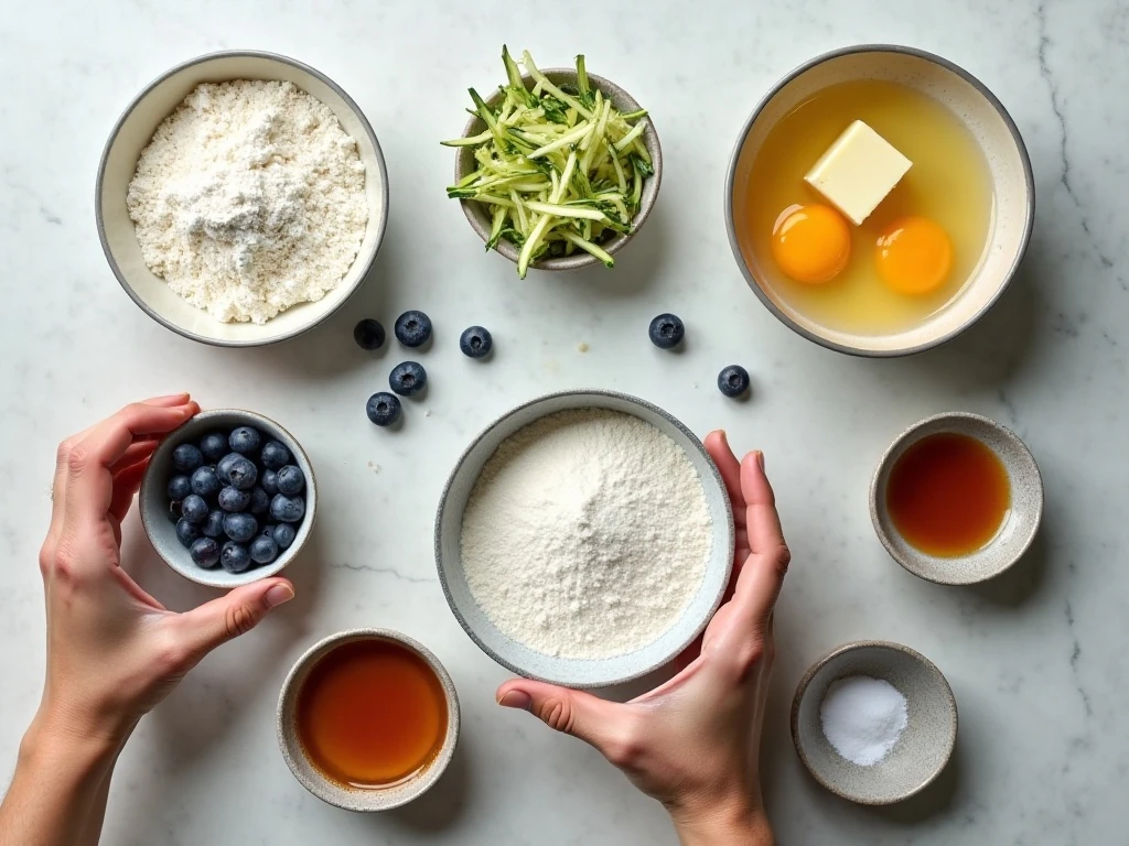 Ingredients for blueberry zucchini cake and lemon buttercream