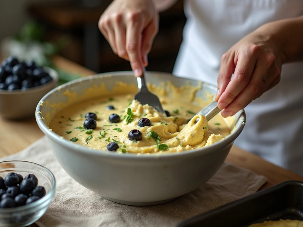 Gently folding blueberries and zucchini into snack cake batter