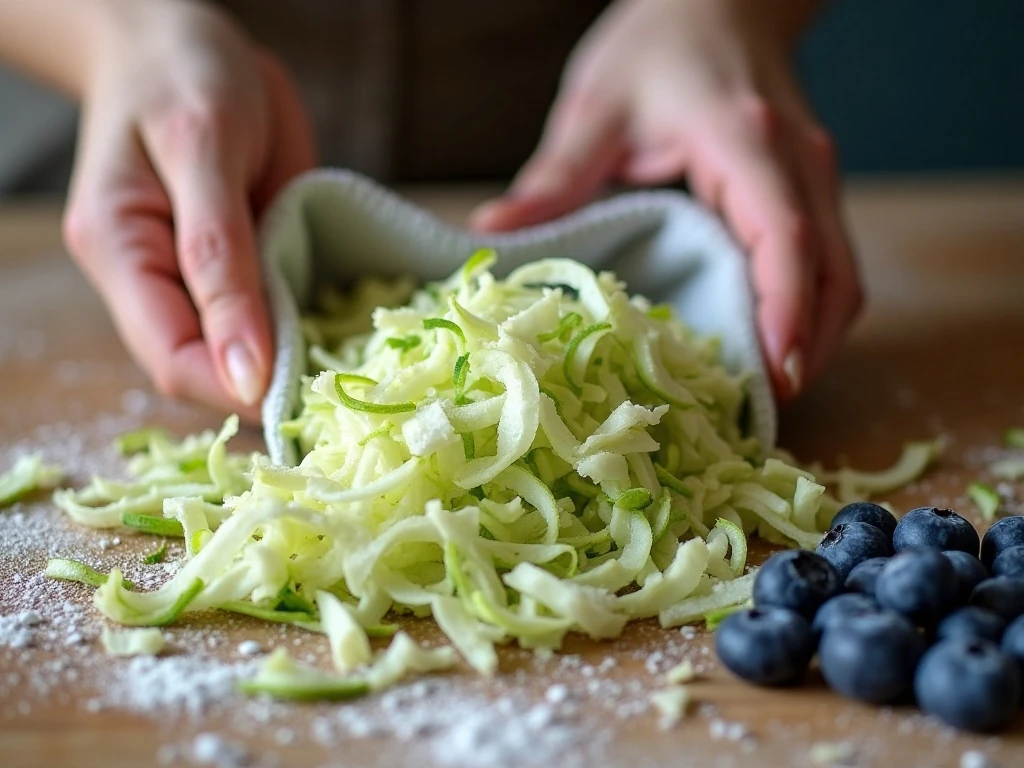 Preparing zucchini and blueberries for a tender snack cake