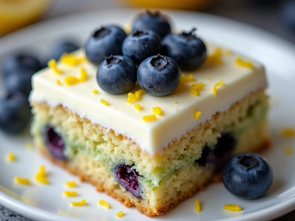 Close-up of lemon buttercream, blueberries, and lemon zest on snack cake