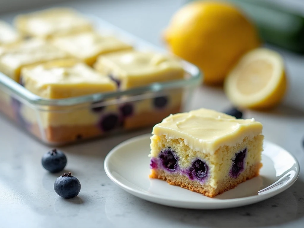 Stored and sliced blueberry zucchini snack cake squares