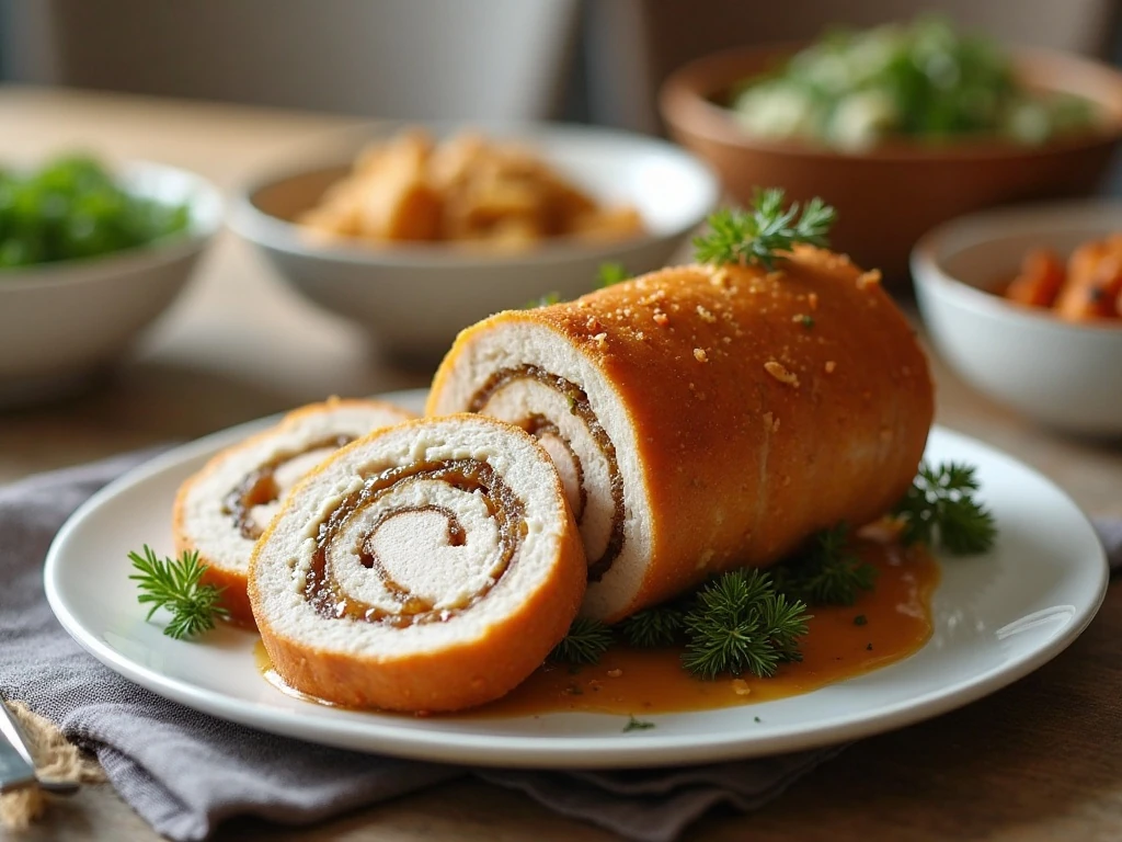 Sliced juicy boneless stuffed turkey roulade served with gravy
