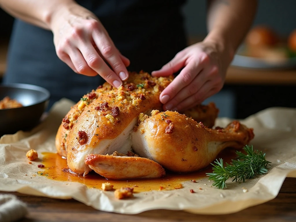 Spreading cooled stuffing over a butterflied turkey breast