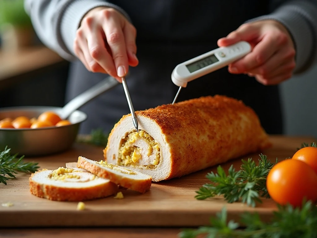 Checking the internal temperature of stuffed turkey with a thermometer