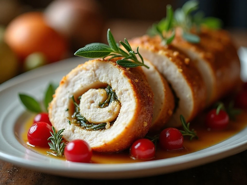 Close-up of stuffed turkey slices with herbs and pan gravy