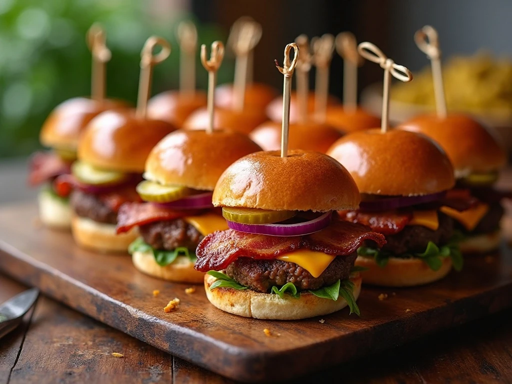Platter of bourbon barbecue glazed beef sliders with bacon and Cheddar