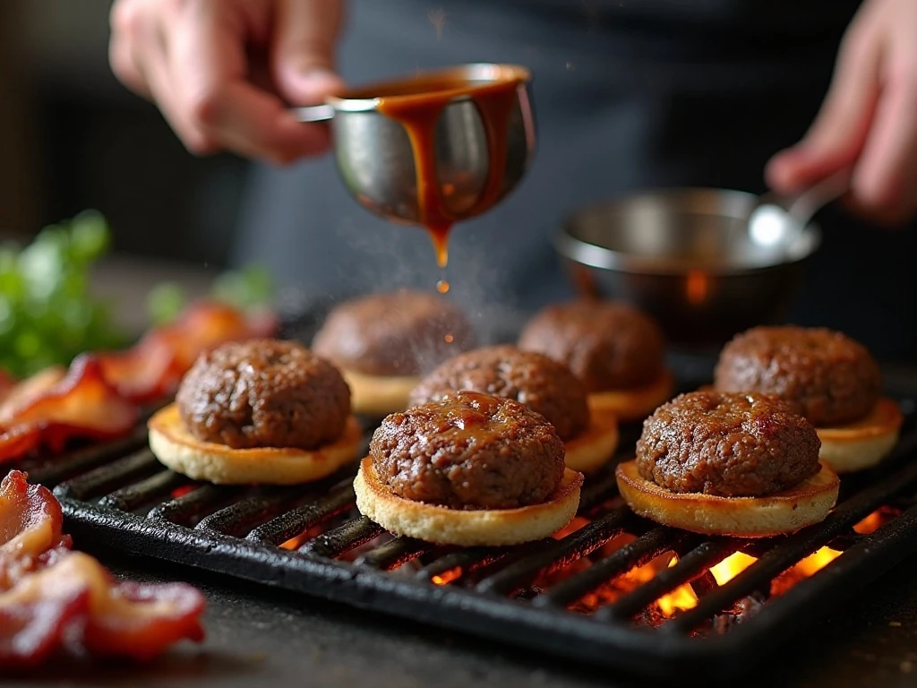 Grilling beef patties and preparing bourbon barbecue glaze for sliders