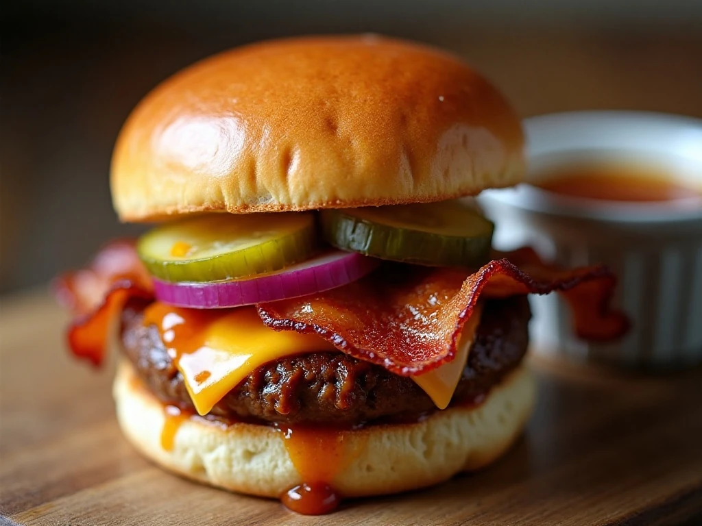 Close-up bourbon barbecue slider with bacon, cheese, pickles, and onion