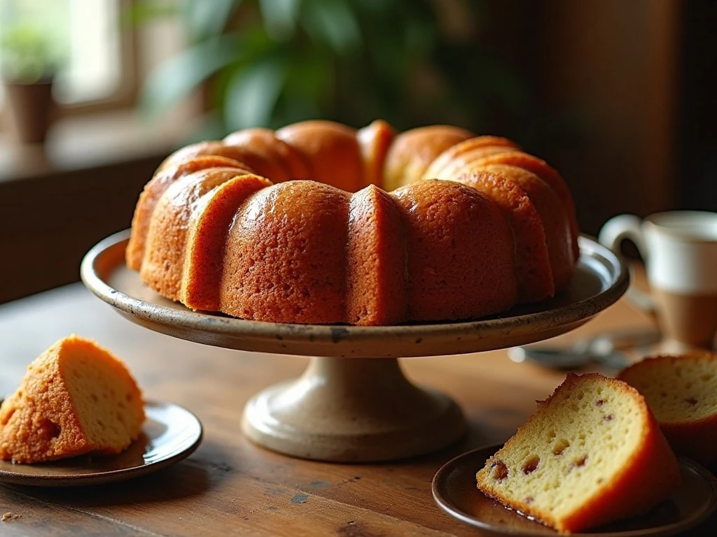 Whole Southern bourbon Bundt cake with glossy pecan glaze
