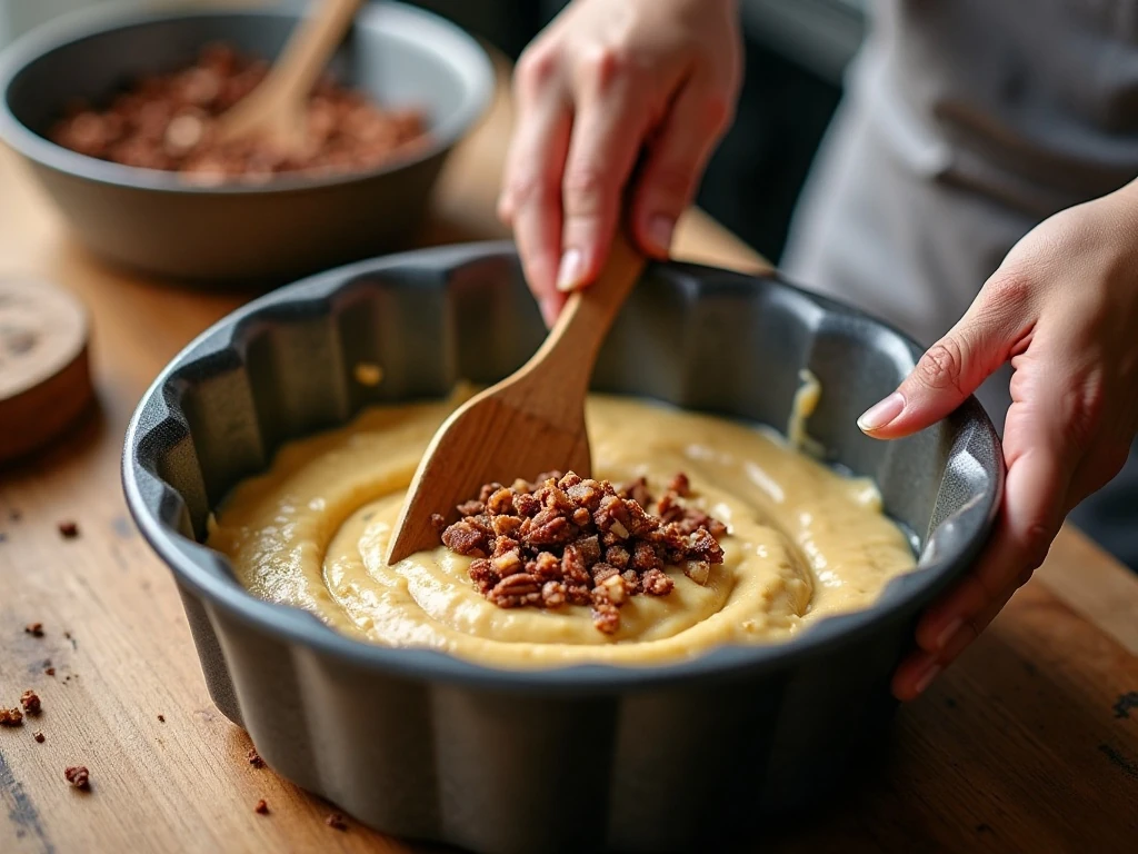 Folding pecans into bourbon Bundt cake batter