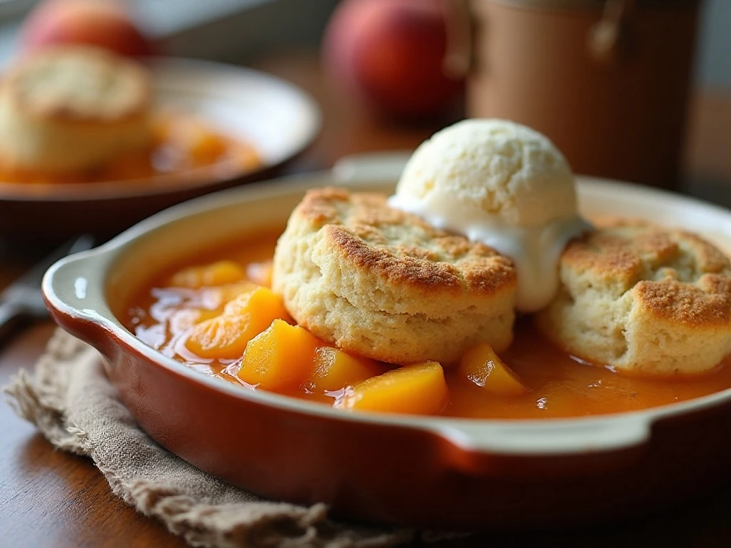 Warm bourbon peach cobbler with golden biscuit topping and vanilla ice cream