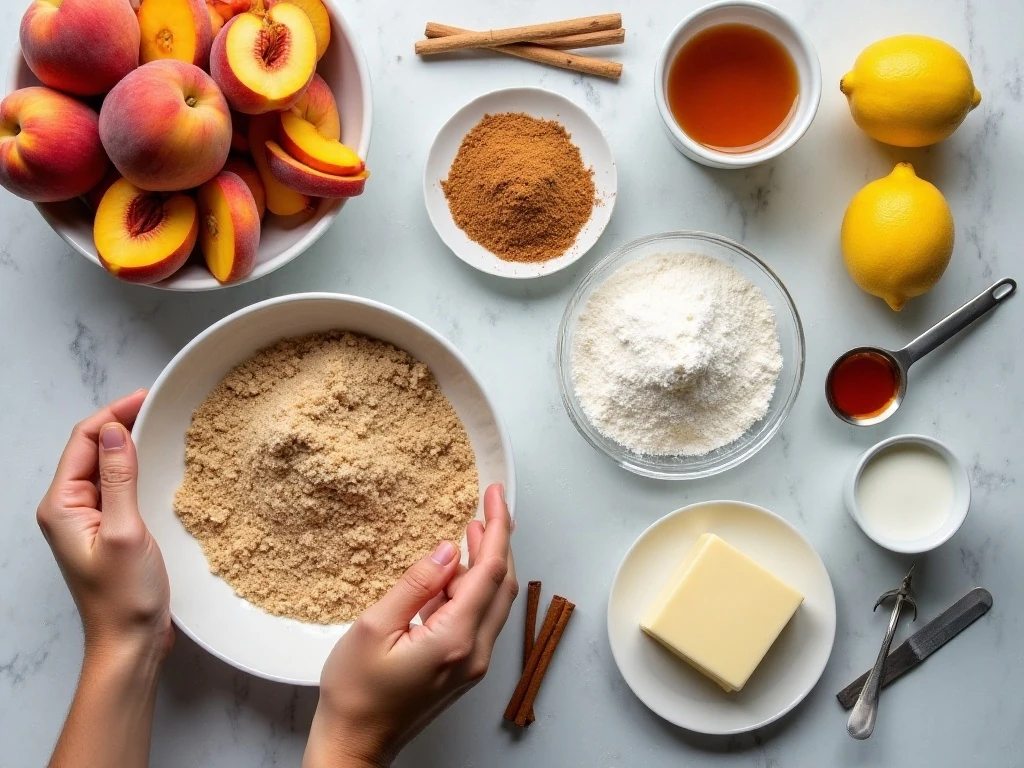 Ingredients for bourbon peach cobbler arranged for baking